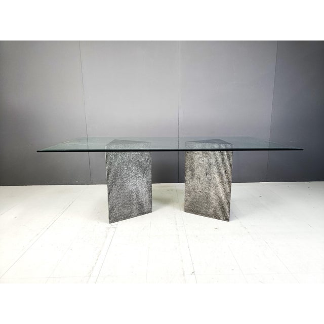 Vintage Brutalist Marble and Glass Dining Table, 1970s, in Good conditions. Designed 1970 to 1979