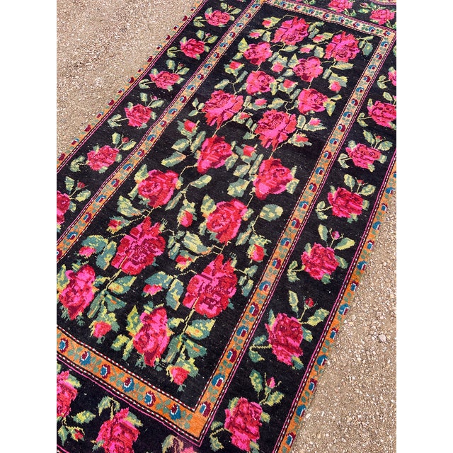 1940s Vibrant 1940s Karabagh Rug, Bold Rose Motifs on Deep Black Field For Sale - Image 5 of 7