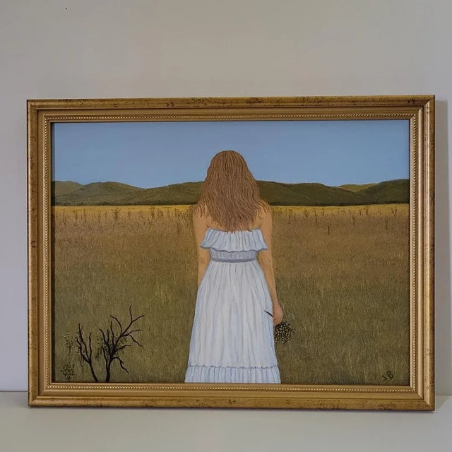 Oil Painting on primed canvas stretcher bars of a young lady in a field. This painting gives a feeling of peace. When...