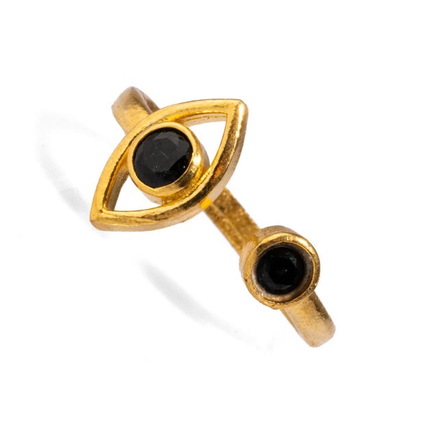 Contemporary Spiritual Eye Black Onyx Stone & Gold Dainty Stackable Ring, Size 4 For Sale - Image 3 of 6