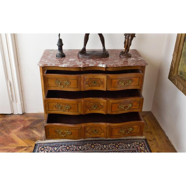 Wood Antique Louis XV Chest of Drawers with Marquetry and Marble Top For Sale - Image 7 of 8