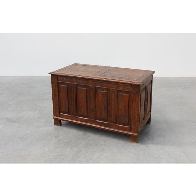Rustic Carved Oak Blanket Chest with Linenfold-Style Panels, 1600s For Sale - Image 3 of 17