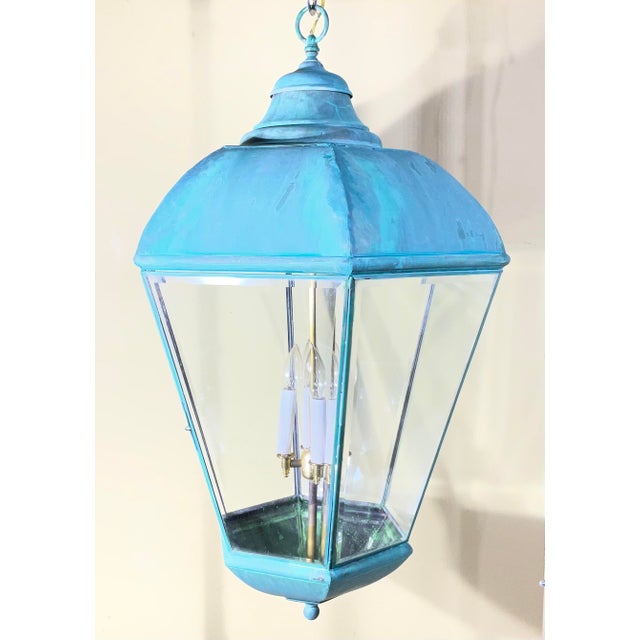 Large Vintage Solid Brass Hanging Lantern Chandelier / 34” H X 21” W For Sale - Image 4 of 18