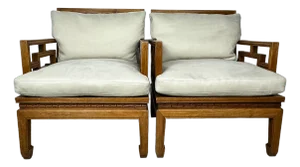 1960s Mid-Century Carved Oak Ming Style Lounge Chairs Cream Ultrasuede Pair