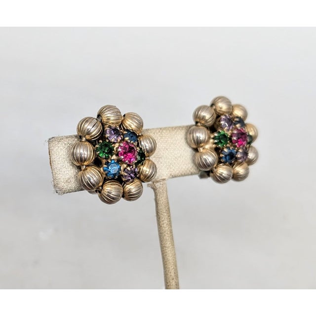 Weiss Vintage 1960s Signed Weiss Goldtone Faux-Ruby, Amethyst, Sapphire & Emerald Clip Earrings-2 Pieces For Sale - Image 4 of 7