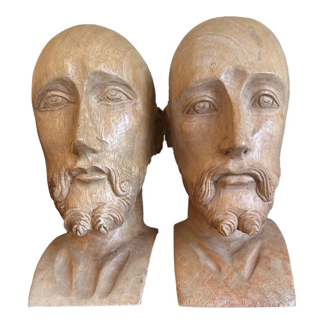 Antique Pair of Hand-Carved Distinguished Gentlemen Bust Sculptures For Sale