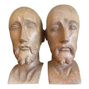 Antique Pair of Hand-Carved Distinguished Gentlemen Bust Sculptures