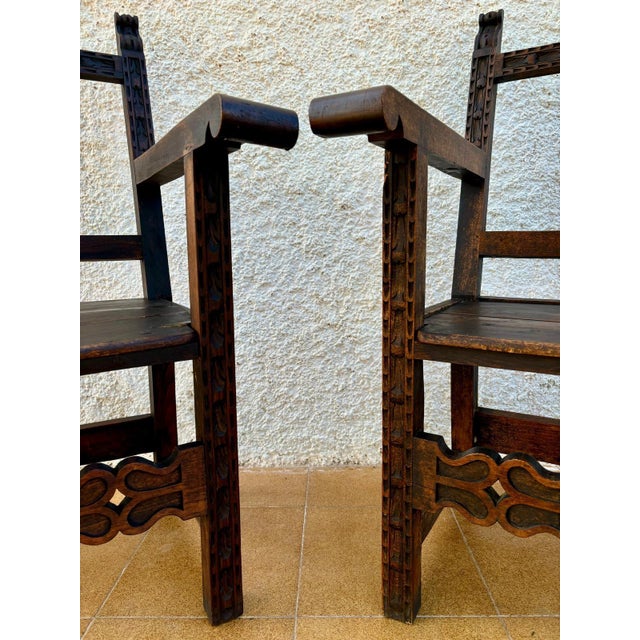 Set of 19th Century Spanish Colonial Carved Altar Armchairs with Wooden Seats For Sale - Image 13 of 18