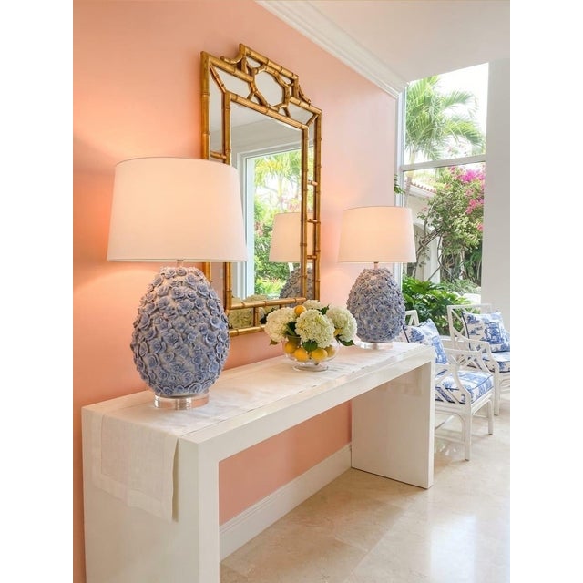 Italian-Style Encrusted Blue Ceramic Floral Table Lamps - a Pair For Sale - Image 9 of 12