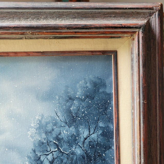 VTG Oil Painting 25"x21" Canvas Snow Cabin Stream Trees Water SGN Bd Pollard '93 For Sale - Image 10 of 18