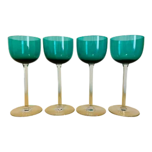 1970s Mid Century Modern Green Crystal Dessert Wine Glasses- Set of 4