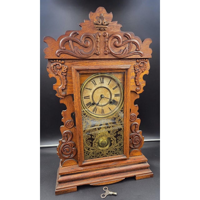Antique New Haven "Maine Line" 8-Day Striking Stenciled Glass & Wood Case Mantel Clock For Sale - Image 16 of 18