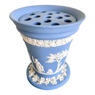 Wedgwood Jasperware Blue Flower Vase With Frog Insert — Made in England For Sale