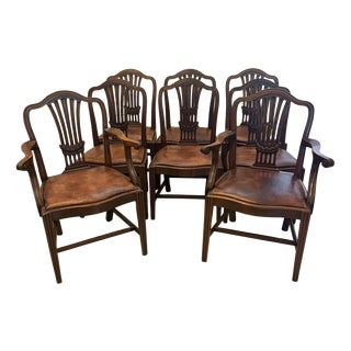 Antique Victorian Hepplewhite Mahogany Shield Back Dining Chairs with Carvers in Tan Leather, 1890, Set of 8 For Sale