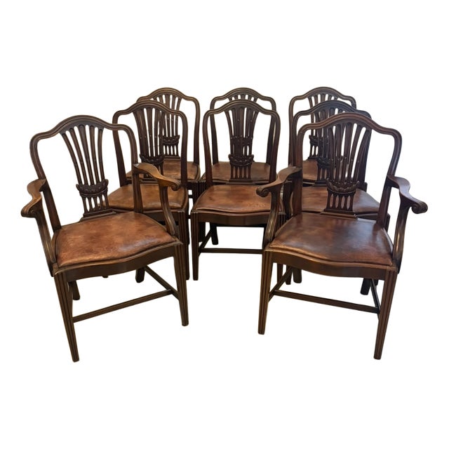 Antique Victorian Hepplewhite Mahogany Shield Back Dining Chairs with Carvers in Tan Leather, 1890, Set of 8 For Sale