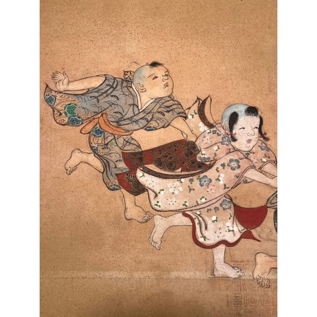 Antique Japanese Painting on Paper Children at Play Silk Trim 31” X 22.5” For Sale - Image 4 of 10