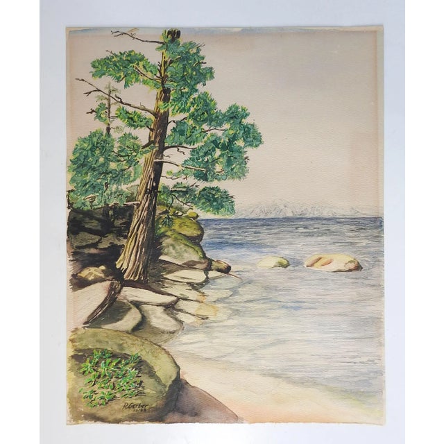 Rustic Vintage Mid Century Rocky Seashore Watercolor Painting For Sale - Image 3 of 4