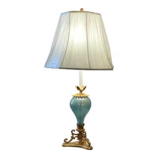 Mid 20th Century Regency Style Desk Lamp W/ Murano Blue Swirled Opalescent Glass For Sale
