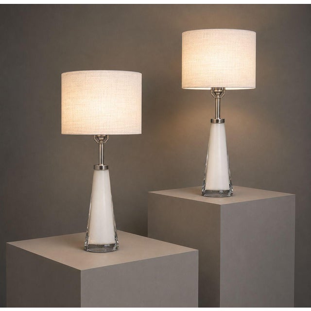 Carl Fagerlund, Orrefors, Swedish Mid-Century Modern, Table Lamps, White Glass, Sweden, 1960s Pair of white cased...