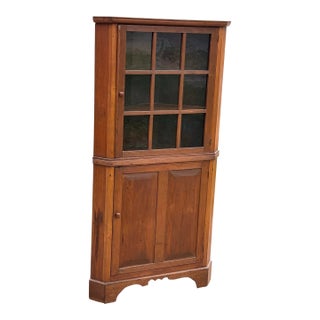 Antique French Country Pine Corner Cabinet With Original Blown Glass Panes For Sale