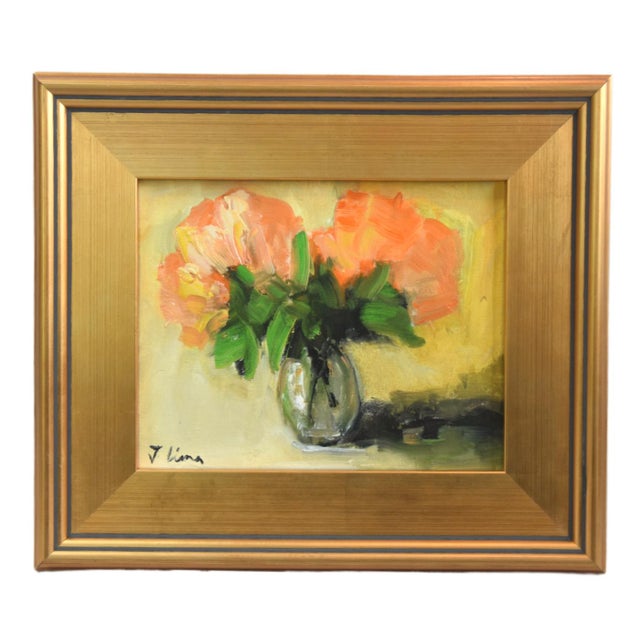 2020s Peachy Bouquet of Flowers Oil Painting Including the Antiqued Gold Wood Frame For Sale - Image 5 of 5