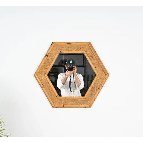 Gold Mid-Century Italian Hexagonal Mirror in Rattam and Bamboo, 1970s For Sale - Image 8 of 11