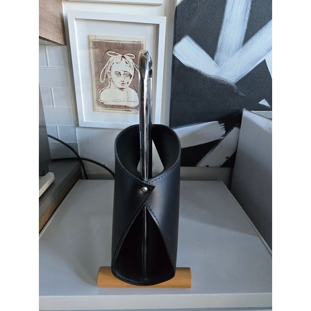 Wood PostModern 1980's Arrben Italian Leather, Chrome & Wood Designer Magazine Holder For Sale - Image 7 of 13