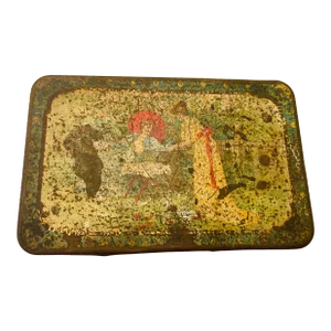 Antique English Biscuit Tole Box With Scenes of Home Life