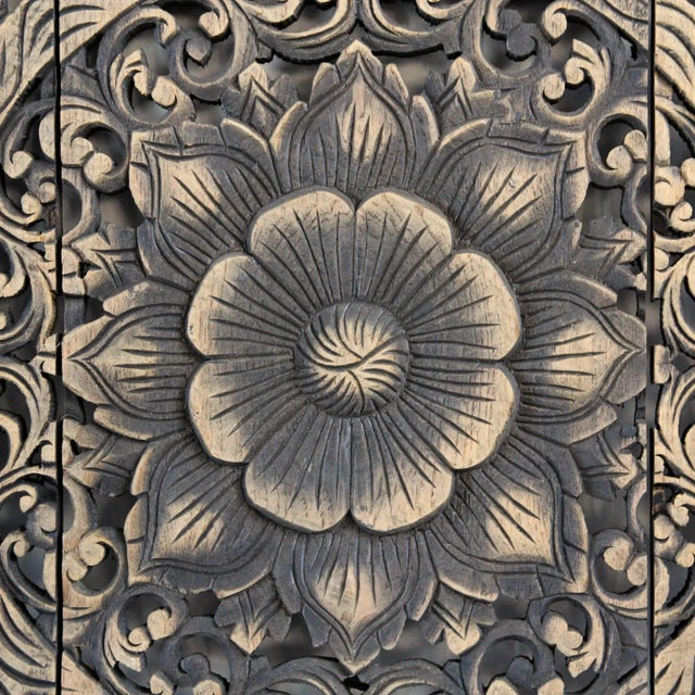 Hand carved teak medallion panel are a traditionally made by Burmese artisans with intricate floral designs and antiqued...