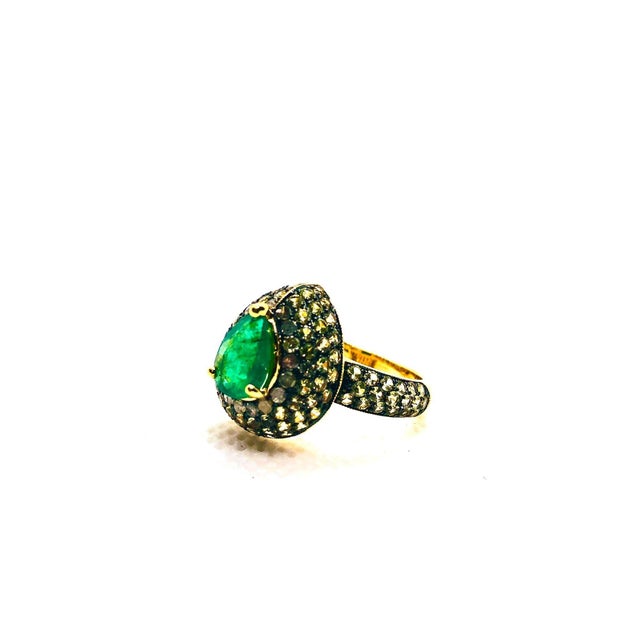 Bochic "Orient" Vintage Emerald & Fancy Yellow Sapphire Ring Set In 18K Gold & Silver, Size 6.5 For Sale - Image 17 of 18