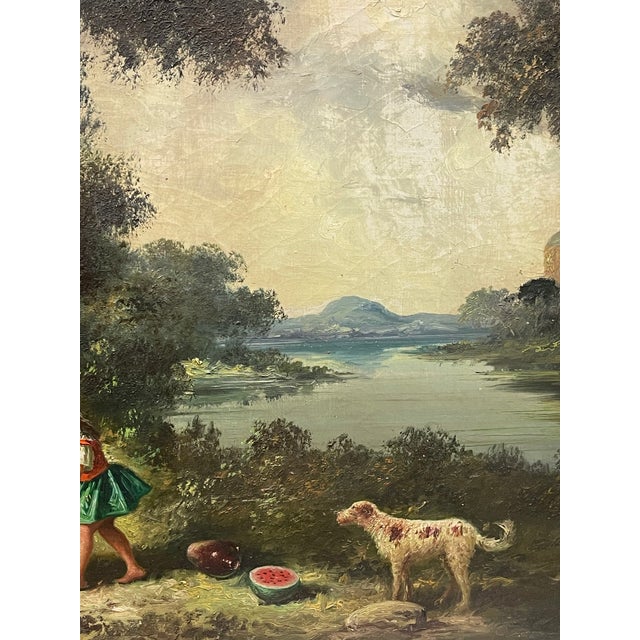 A large painting by Spanish artist Miguel Montaner depicting an small picnic in an ornate landscape. The work showcases a...