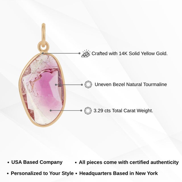 Raw-Cut Bezel Set 3.29ct Pink Tourmaline Slice Pendant in 14k Yellow Gold For Sale - Image 12 of 15