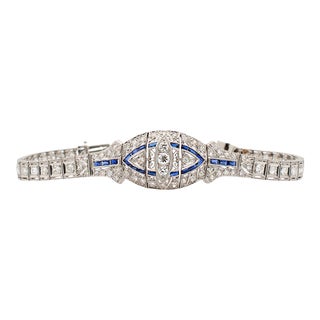 Antique Art Deco Platinum Diamonds Sapphires Cocktail Link Bracelet For Sale