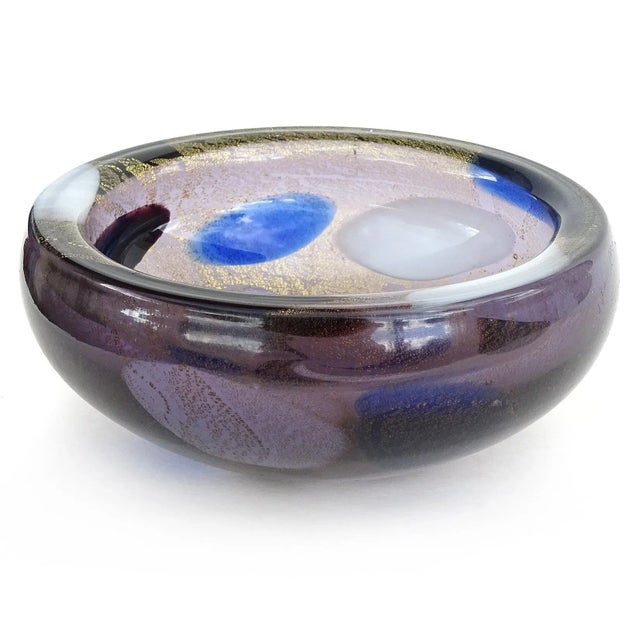 Beautiful vintage Murano hand blown light purple, gold flecks, with color spots Italian art glass decorative bowl / vide-...