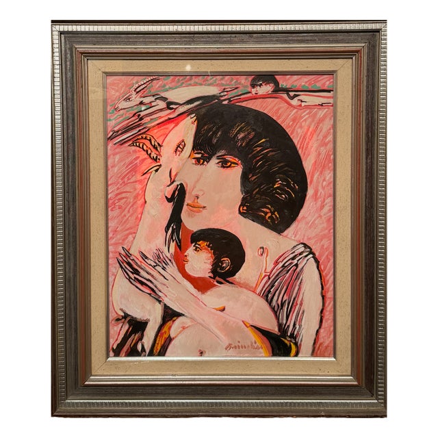 Remo Brindisi, Figures and Animals, 1979, Oil on Canvas, Framed For Sale