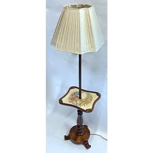 Vintage custom made floral needlepoint floor lamp side table. Floral wreath needlepoint design under glass as a side...