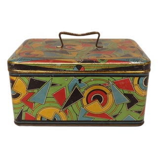 Art Deco Bauhaus Geometric Decorative Tin Box With Brass Handle For Sale