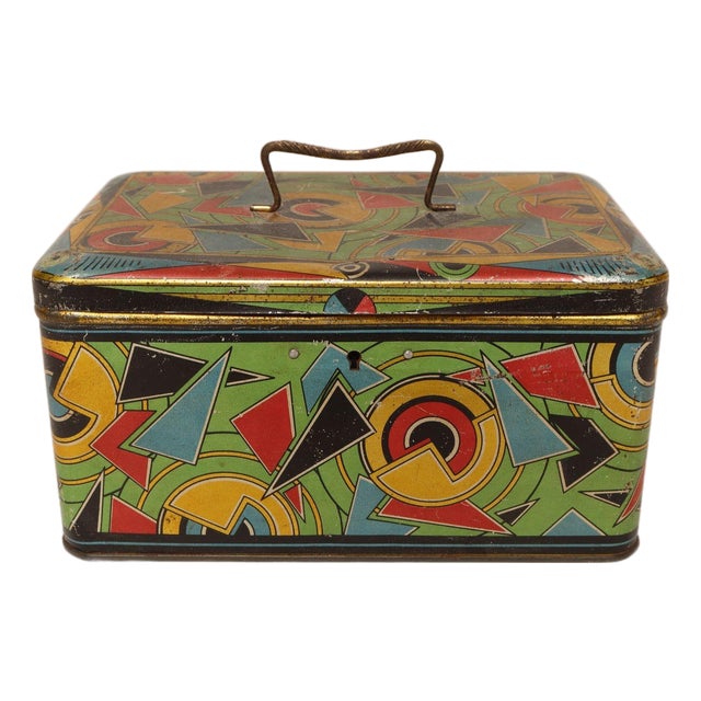 Art Deco Bauhaus Geometric Decorative Tin Box With Brass Handle For Sale