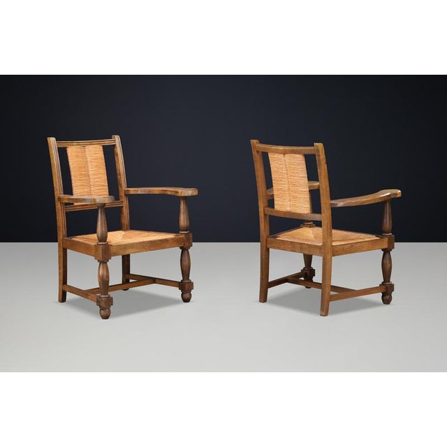 1940s French Oak and Rush Armchairs in the style of Charles Dudouyt, France, 1940, Set of 2 For Sale - Image 5 of 11