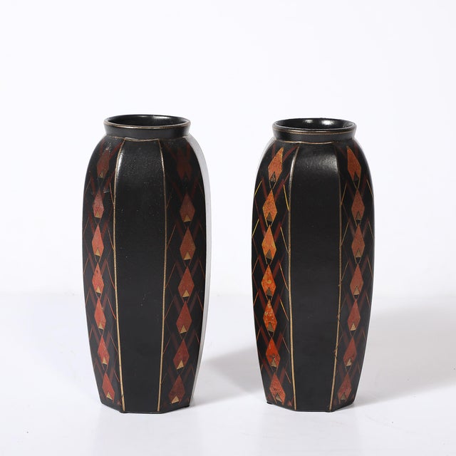 Pair of Art Deco Ceramic Vases W/ Geometric Motifs Signed Faincerie St Ghislain For Sale - Image 14 of 14