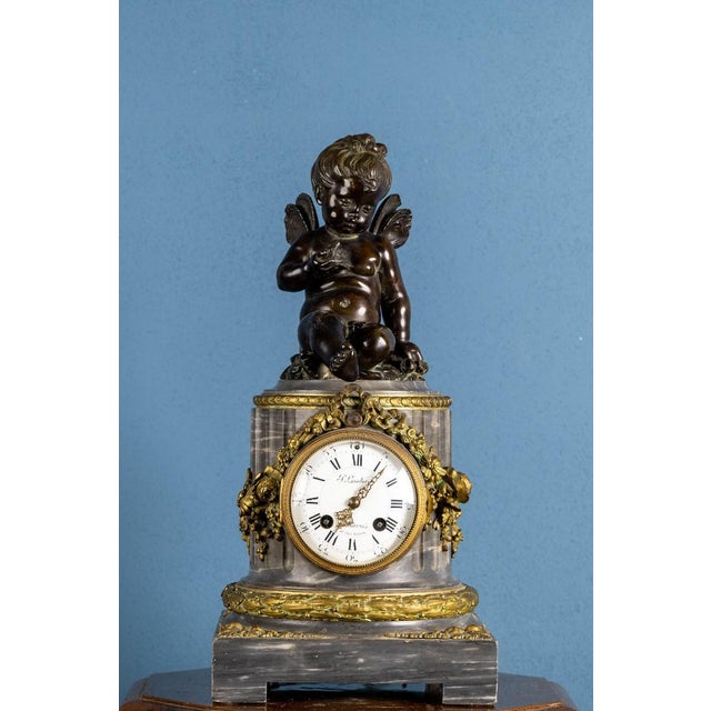 Metal French Clock in Marble and Gilded Bronze with Putto, Late 19th Century For Sale - Image 7 of 7