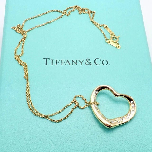 Contemporary Tiffany & Co. Elsa Peretti 18k Yellow Gold Diamond Open Heart Necklace For Sale - Image 3 of 10