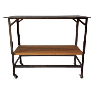 1940’s Metal Rolling Cart With Wooden Shelf For Sale