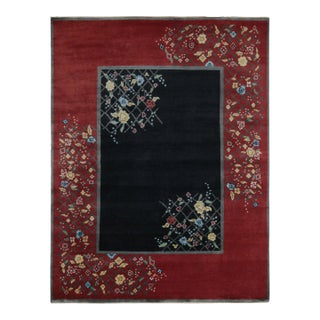 2010s Rug & Kilim’s Chinese Style Art Deco Rug in Red & Black With Colorful Florals For Sale