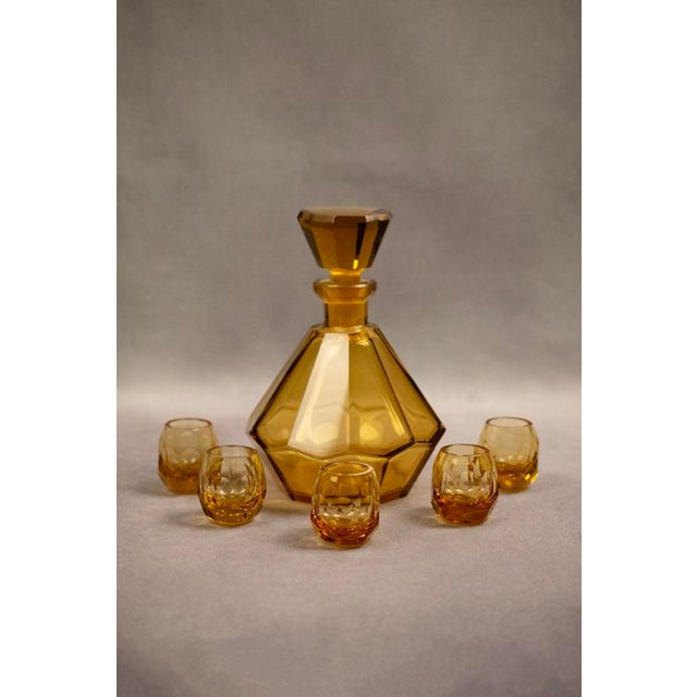 Art Deco Carafe and Liqueur Glasses in Frosted Orange Faceted Glass by Rudolf Eschler for Moser Karlsbad, 1940s, Set of 6 For Sale - Image 4 of 18