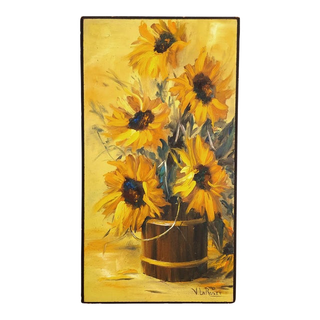 Vintage Mid Century Original Sunflowers in Wooden Bucket Painting on Board Signed by Artist For Sale