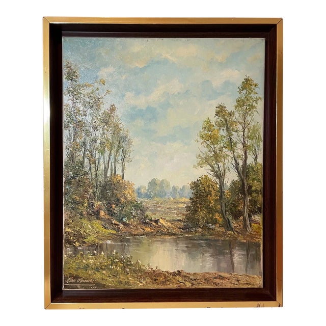 Vintage Original Hans Leich Oil Painting Realism Pond Landscape on Canvas For Sale