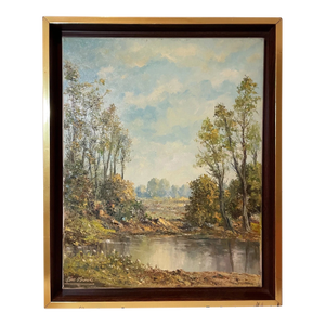 Vintage Original Hans Leich Oil Painting Realism Pond Landscape on Canvas