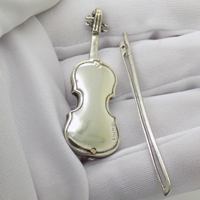 Vintage Italian Handmade Genuine Silver Violin Miniature with Metal Case by Sacchetti Silversmith, 1970s For Sale - Image 12 of 16