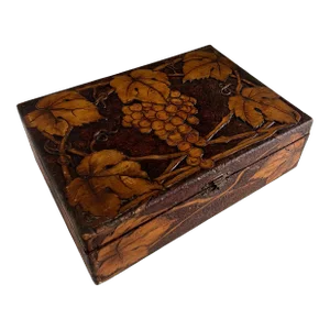 Folk Art Hand-Carved Wooden Box with Grapes and Leaves